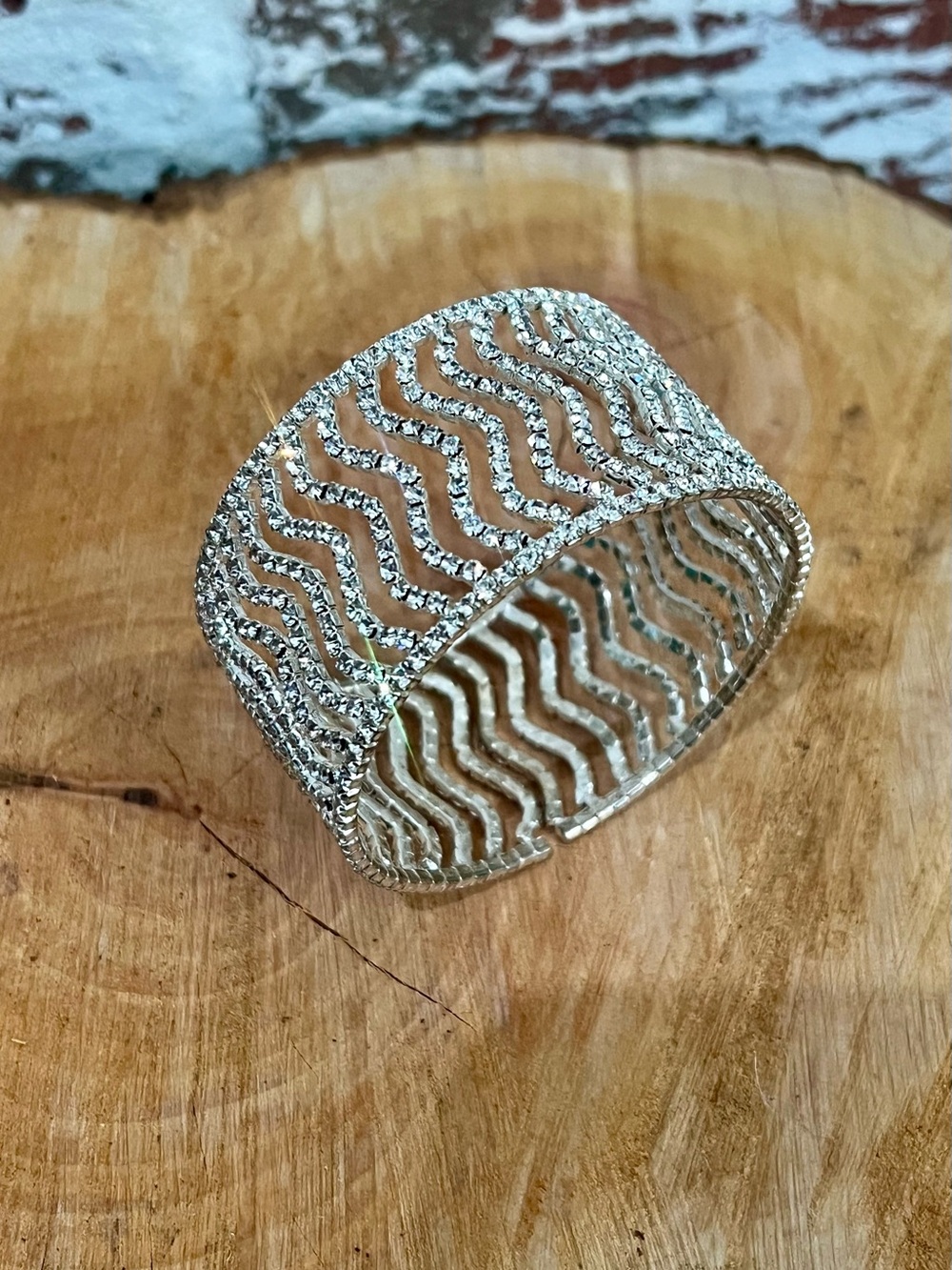 Wavy Rhinestone Cuff Bracelet Silver Tone Wide Flexible Statement Pageant Bridal